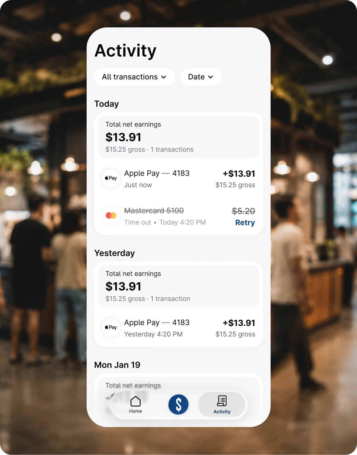 Quikcent activity screen with sales, daily totals, and payment details